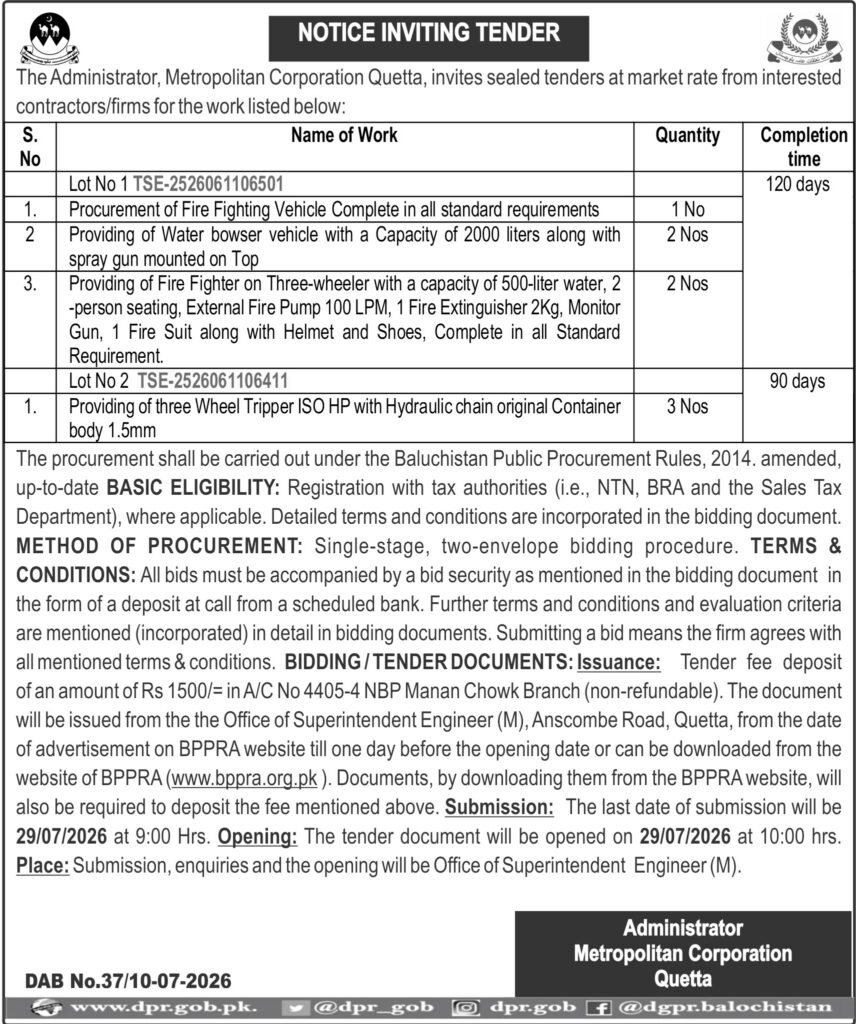 NOTICE INVITING TENDER